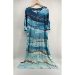 COZY Blue Abstract Watercolor Glitter Stripe Maxi Dress XL US 10 1115897#